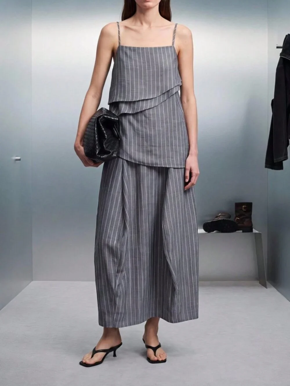Gray Pinstripe Tiered Cami Top & Maxi Skirt Set